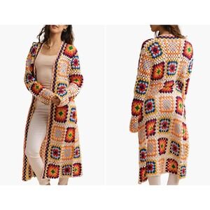 Saachi Womens Multicolor Granny Square Crochet Duster Cardigan Long Open Front